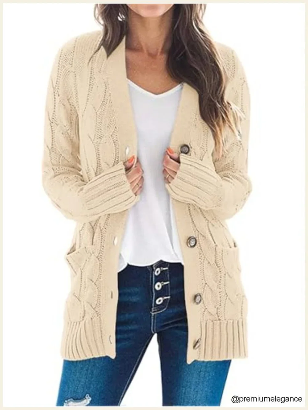 Acrylic Cable Knit Cardigan Sweater Long Sleeve Button Down V-Neck